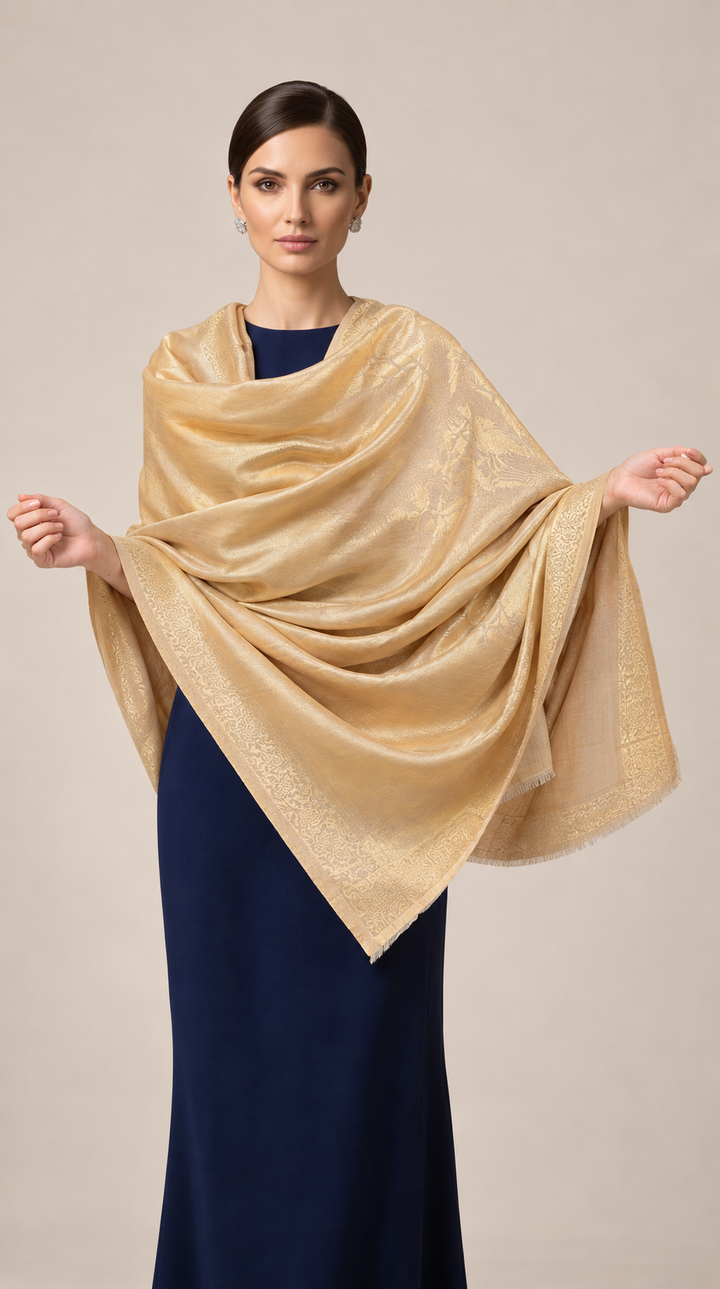 Reversible Beige Gold Zari Cashmere Shawl with Crane Motif