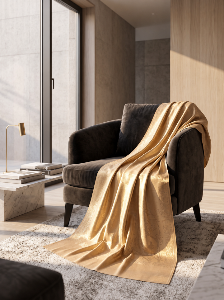 Reversible Beige Gold Zari Cashmere Shawl with Crane Motif