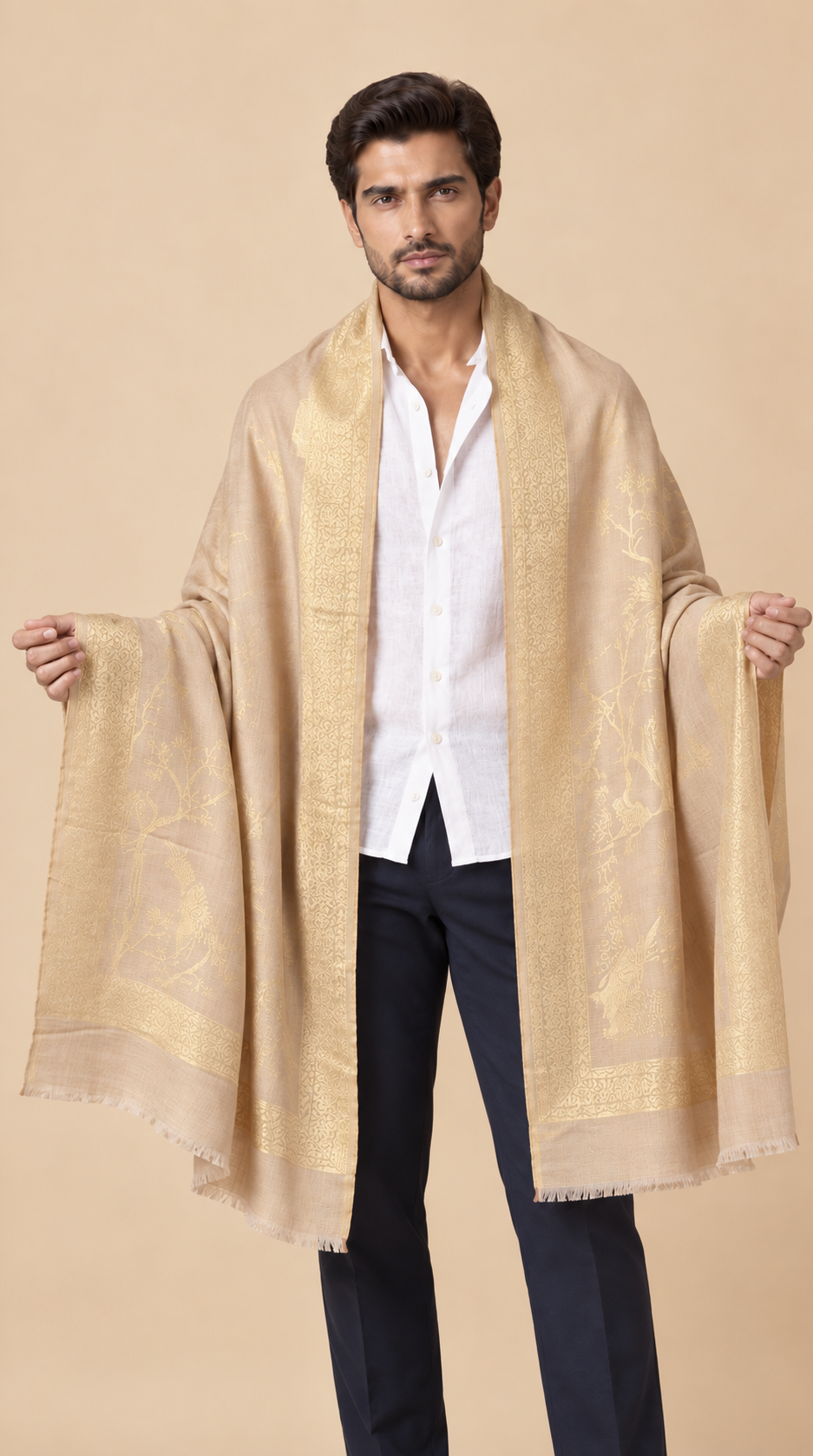 Reversible Beige Gold Zari Cashmere Shawl with Crane Motif
