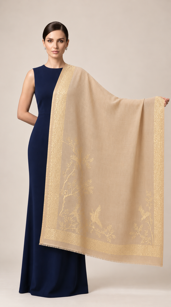 Reversible Beige Gold Zari Cashmere Shawl with Crane Motif