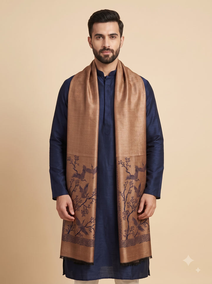 Reversible Navy Gold Zari Cashmere Shawl with Crane Motif