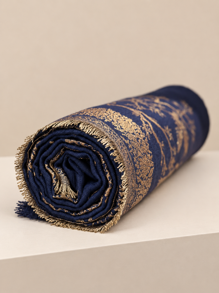Reversible Navy Gold Zari Cashmere Shawl with Crane Motif