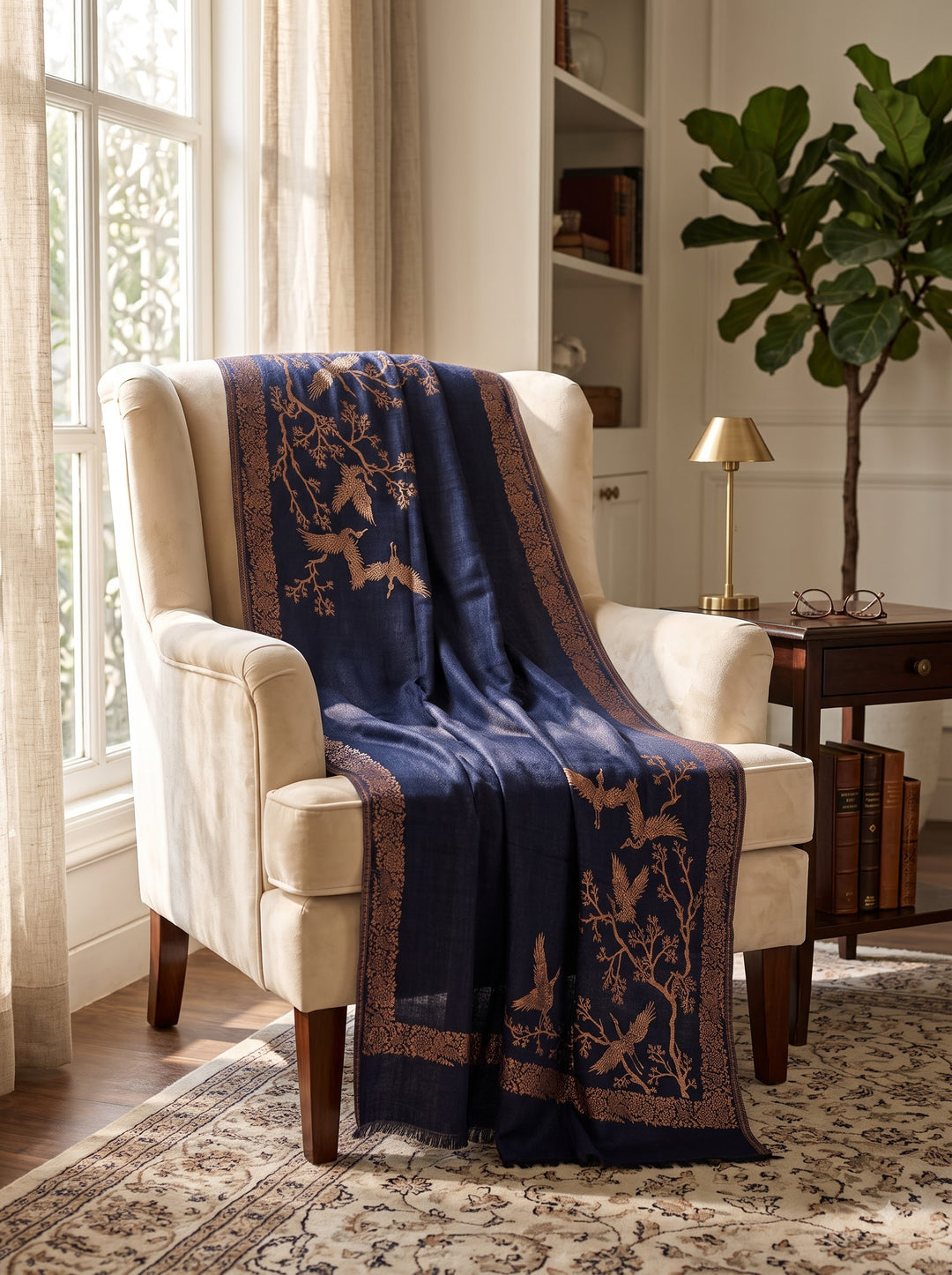 Reversible Navy Gold Zari Cashmere Shawl with Crane Motif
