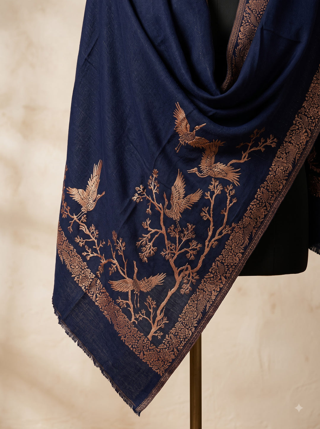 Reversible Navy Gold Zari Cashmere Shawl with Crane Motif