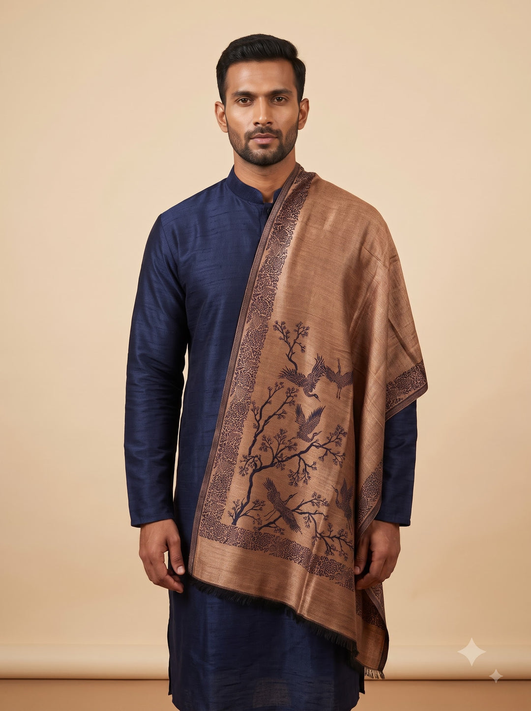 Reversible Navy Gold Zari Cashmere Shawl with Crane Motif