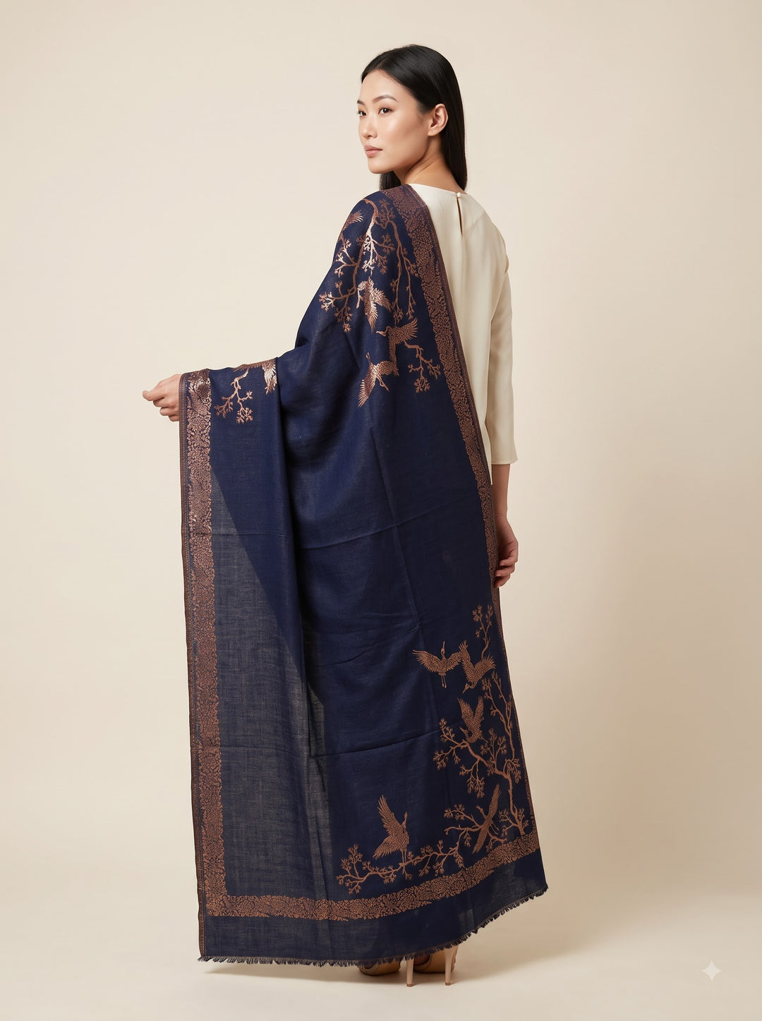 Reversible Navy Gold Zari Cashmere Shawl with Crane Motif