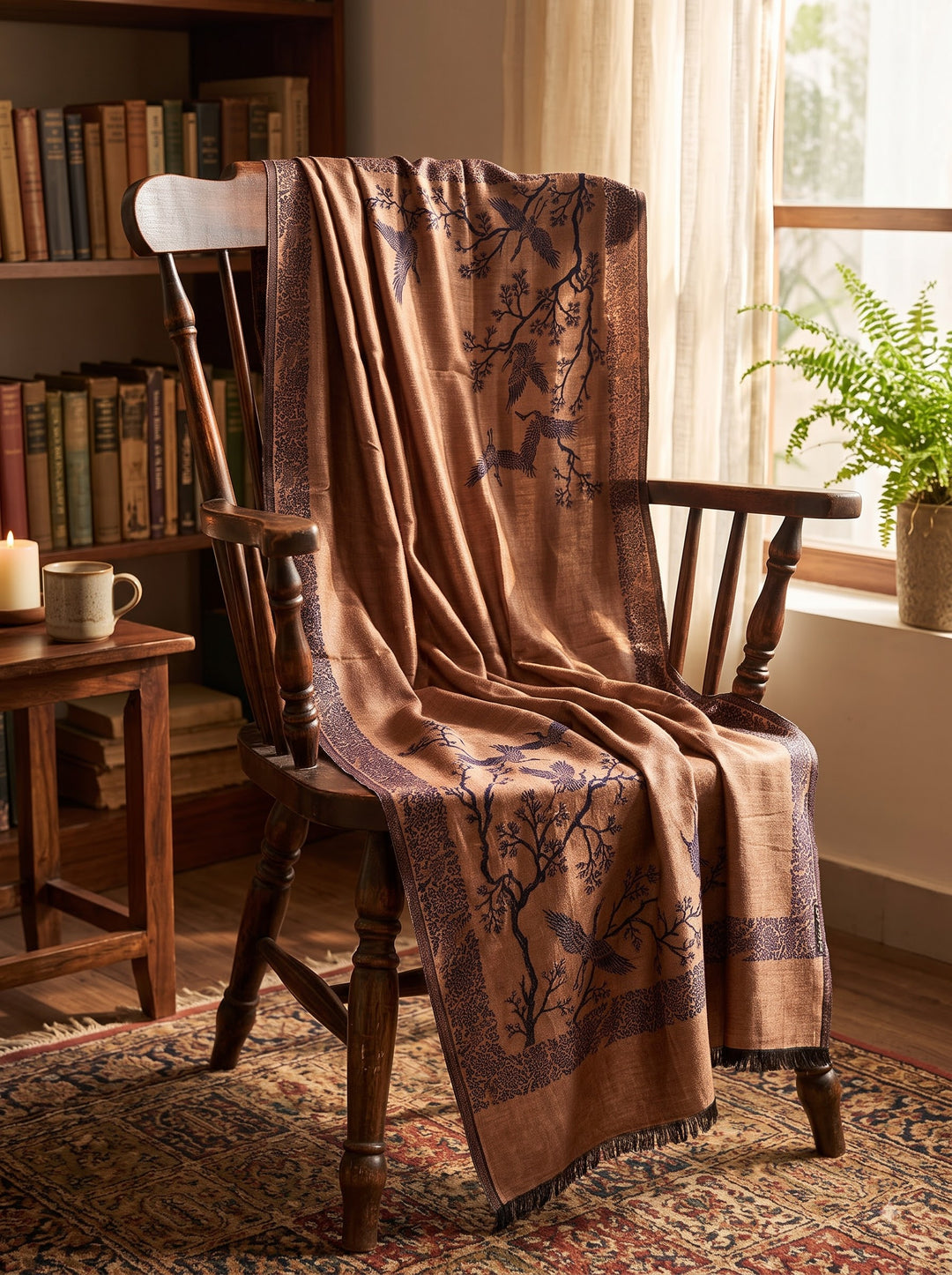 Reversible Navy Gold Zari Cashmere Shawl with Crane Motif
