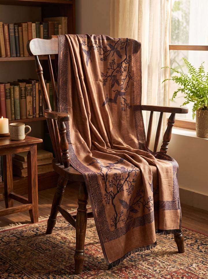 Reversible Navy Gold Zari Cashmere Shawl with Crane Motif