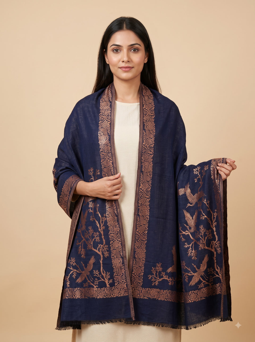 Reversible Navy Gold Zari Cashmere Shawl with Crane Motif