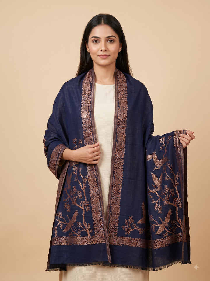 Reversible Navy Gold Zari Cashmere Shawl with Crane Motif