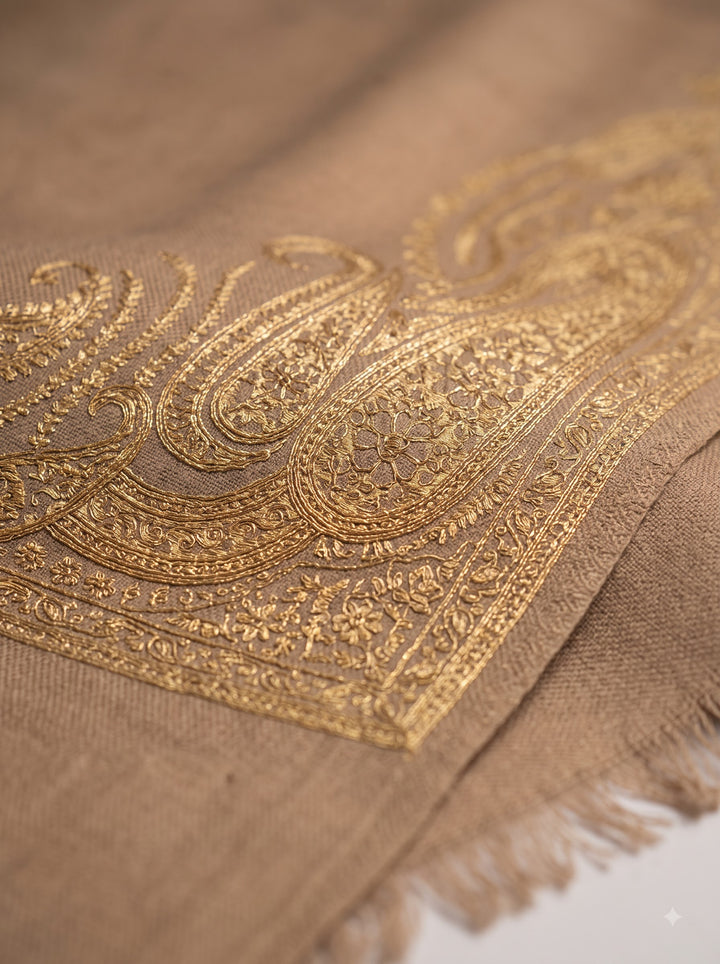 Reversible Beige Gold Zari Cashmere Shawl with Paisley Motif