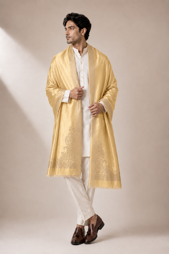 Reversible Beige Gold Zari Cashmere Shawl with Paisley Motif