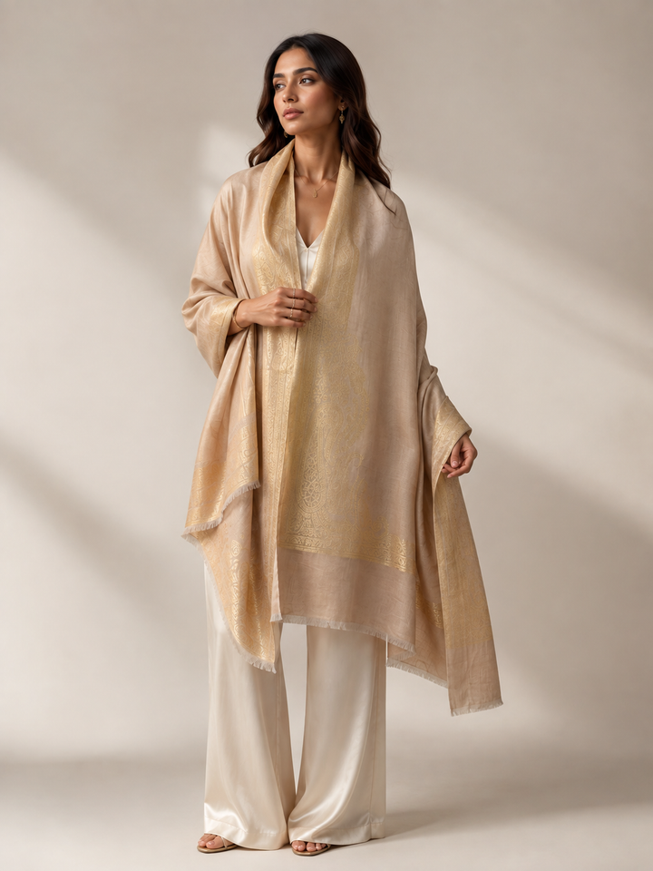 Reversible Beige Gold Zari Cashmere Shawl with Paisley Motif