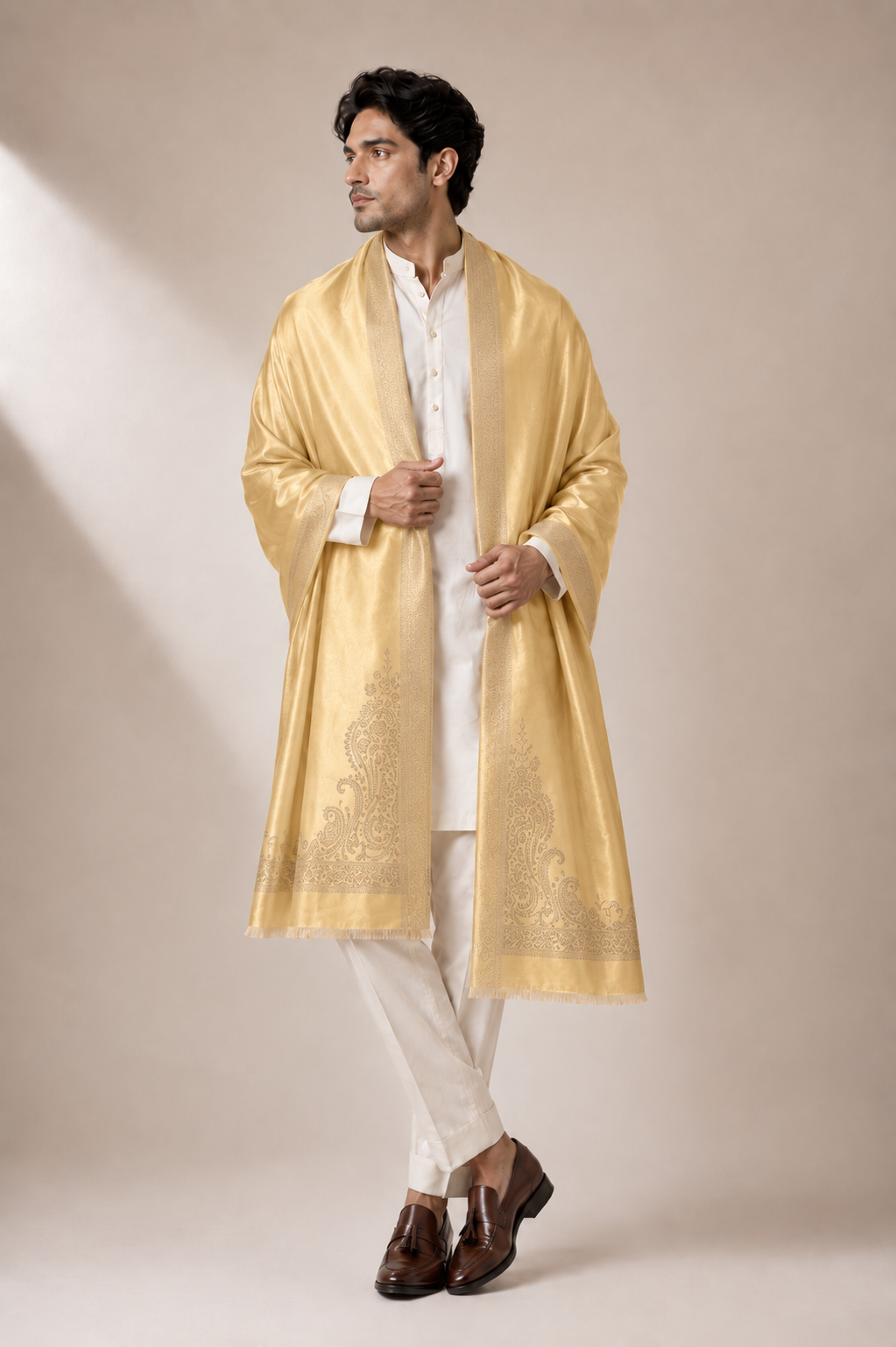Reversible Beige Gold Zari Cashmere Shawl with Paisley Motif