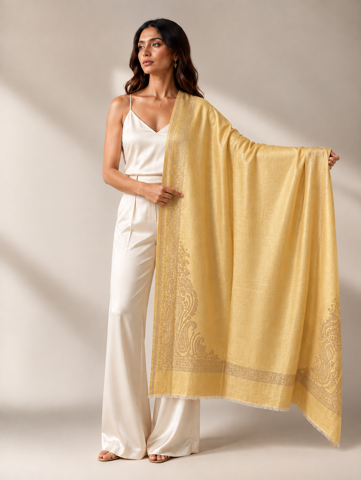 Reversible Beige Gold Zari Cashmere Shawl with Paisley Motif
