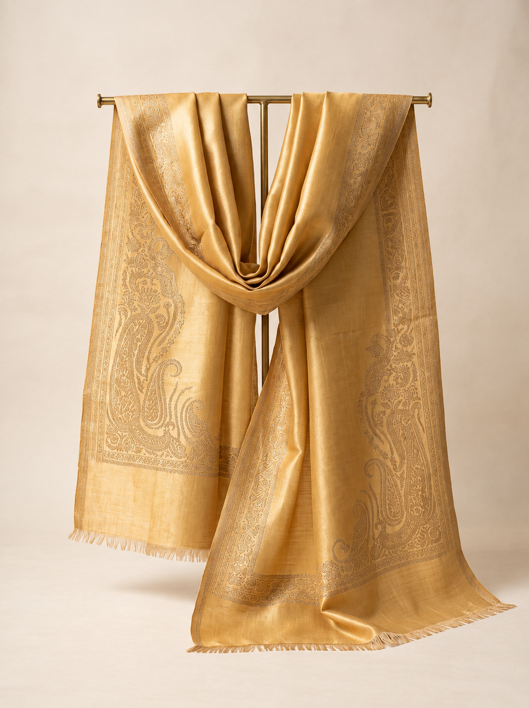 Reversible Beige Gold Zari Cashmere Shawl with Paisley Motif