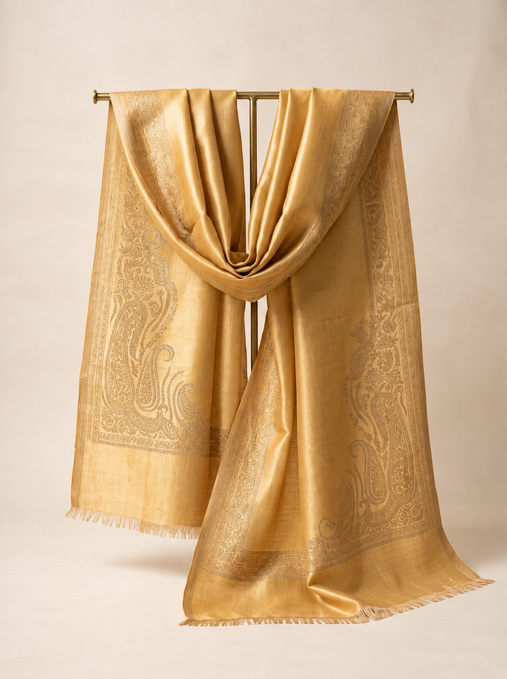 Reversible Beige Gold Zari Cashmere Shawl with Paisley Motif