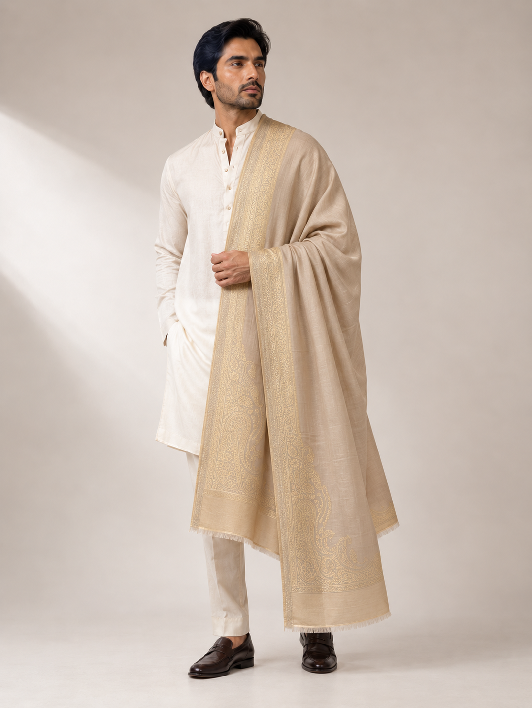 Reversible Beige Gold Zari Cashmere Shawl with Paisley Motif