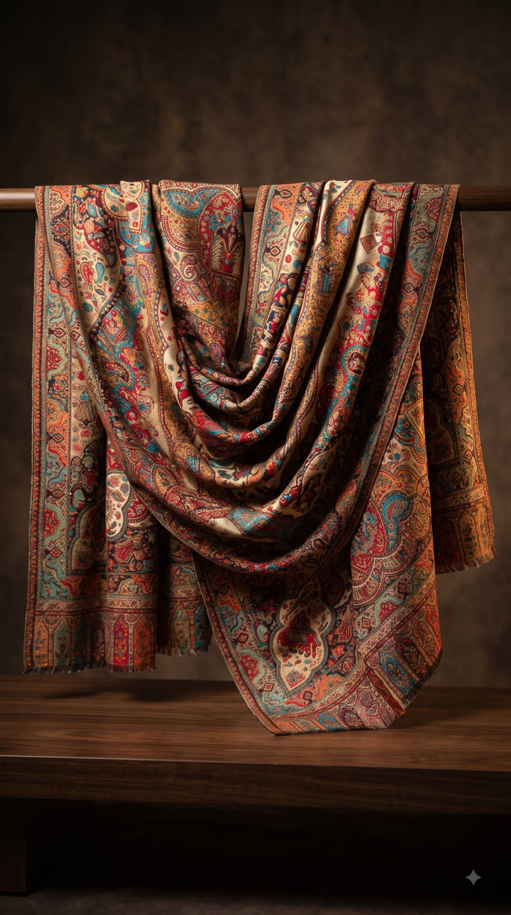 Reversible Gold Zari Cashmere Shawl with Royal Durbar Weave