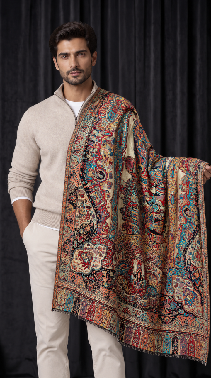 Reversible Gold Zari Cashmere Shawl with Royal Durbar Weave