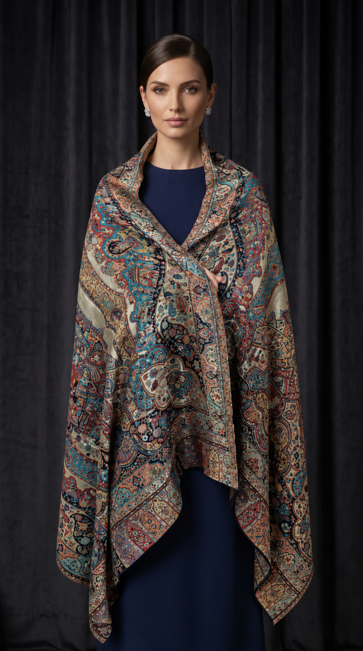 Reversible Gold Zari Cashmere Shawl with Royal Durbar Weave