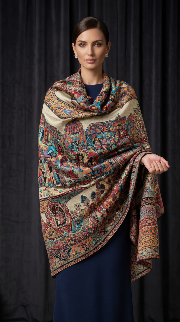 Reversible Gold Zari Cashmere Shawl with Royal Durbar Weave