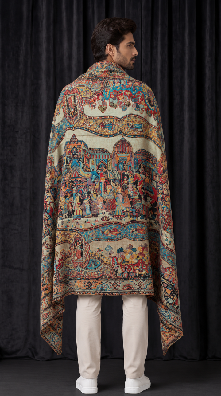Reversible Gold Zari Cashmere Shawl with Royal Durbar Weave