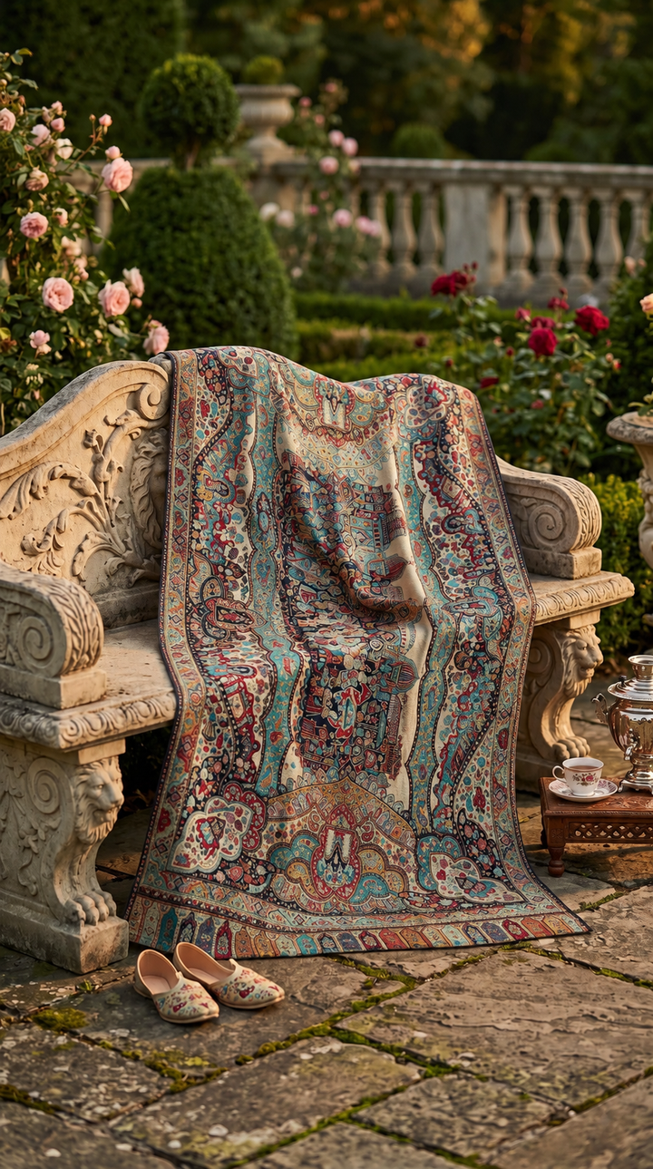 Reversible Gold Zari Cashmere Shawl with Royal Durbar Weave