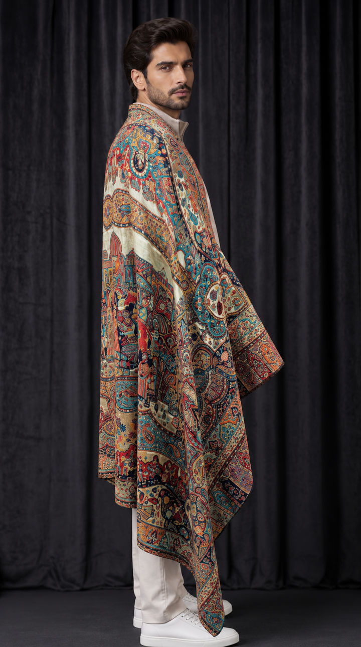 Reversible Gold Zari Cashmere Shawl with Royal Durbar Weave