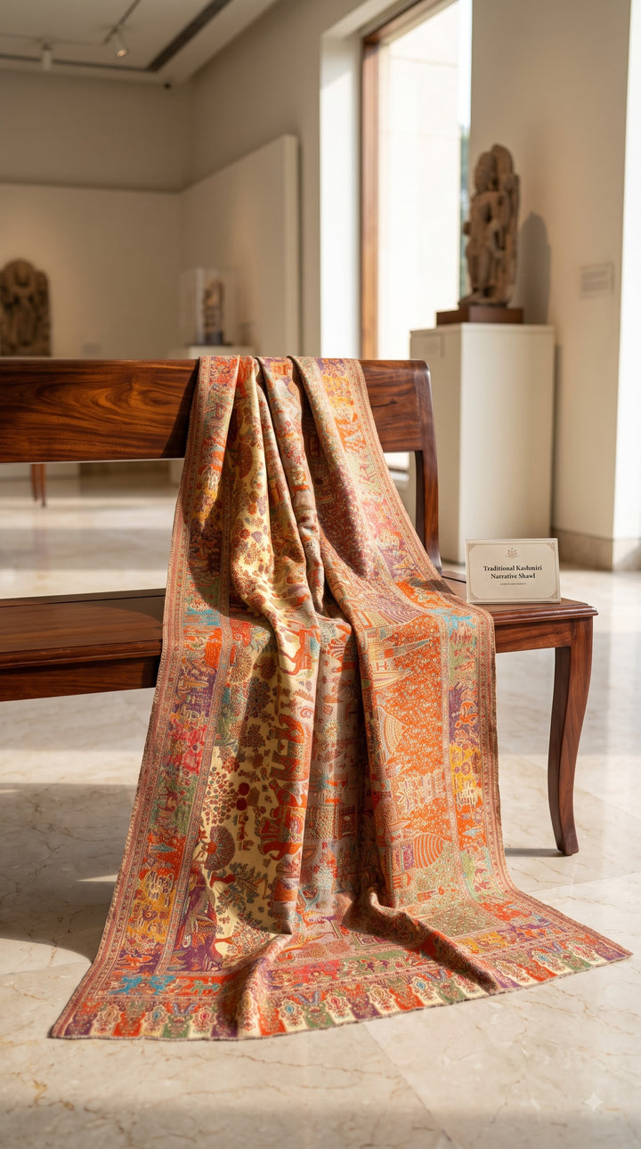 Reversible Gold Zari Cashmere Shawl with Heritage Scene
