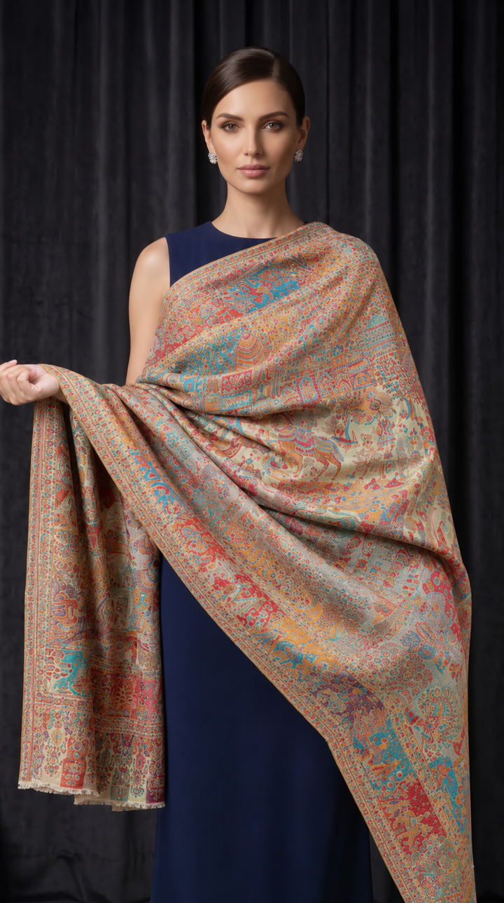 Reversible Gold Zari Cashmere Shawl with Heritage Scene