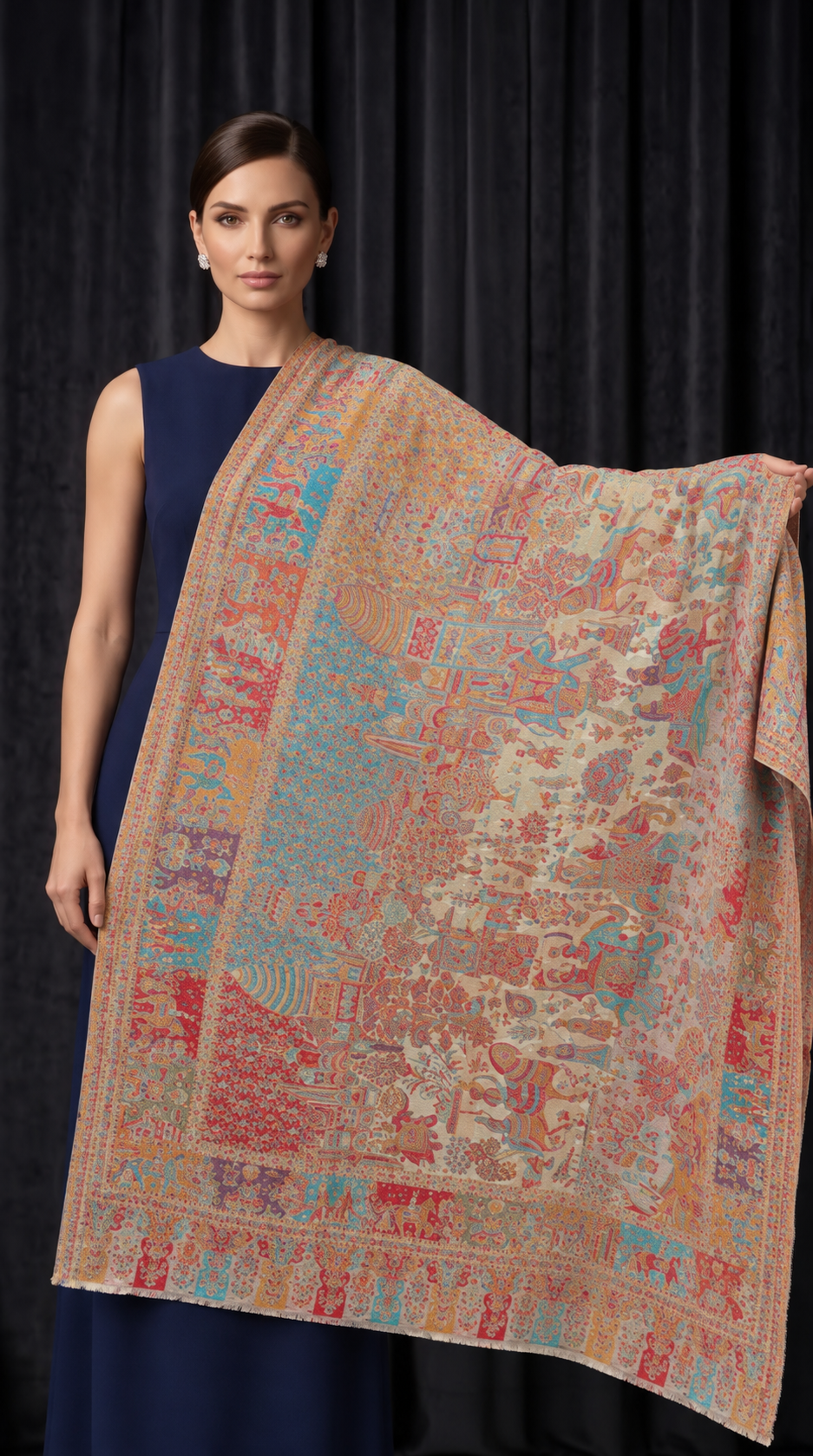 Reversible Gold Zari Cashmere Shawl with Heritage Scene