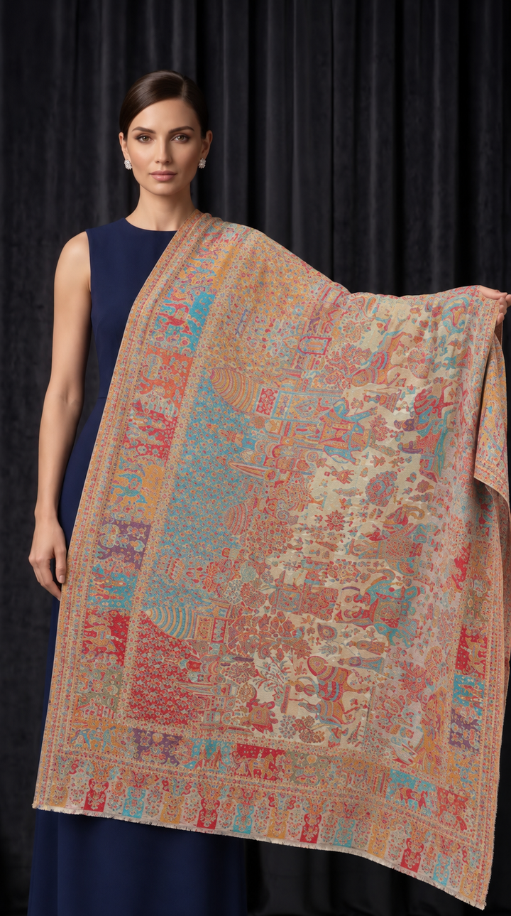 Reversible Gold Zari Cashmere Shawl with Heritage Scene