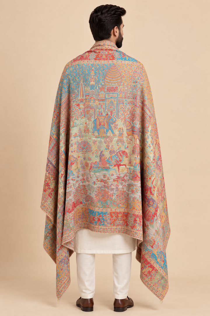 Reversible Gold Zari Cashmere Shawl with Heritage Scene