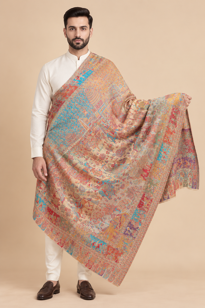 Reversible Gold Zari Cashmere Shawl with Heritage Scene