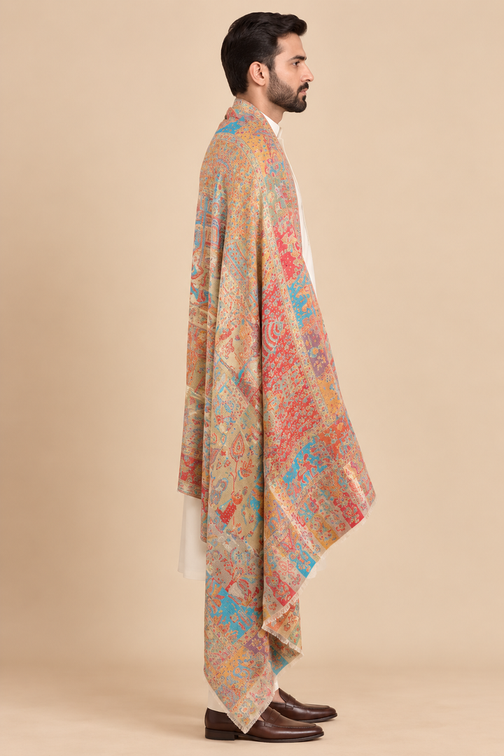 Reversible Gold Zari Cashmere Shawl with Heritage Scene