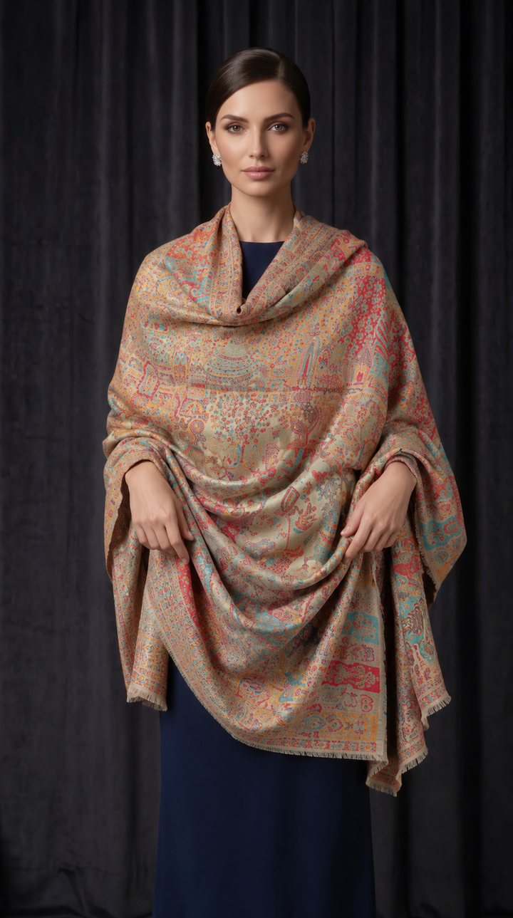Reversible Gold Zari Cashmere Shawl with Heritage Scene