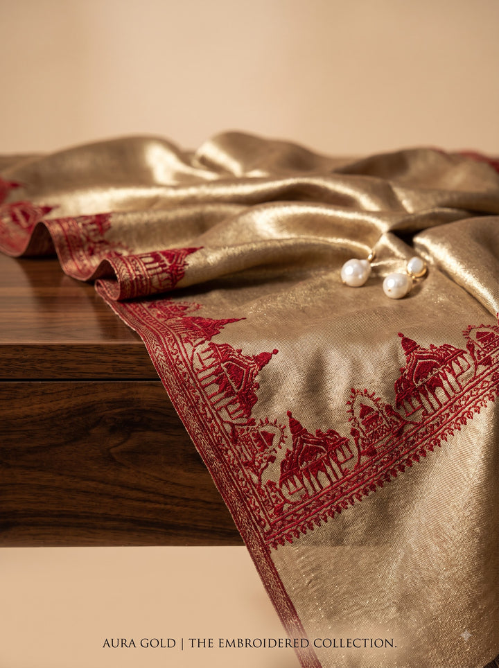 Reversible Gold Red Zari Cashmere Shawl with Ram Mandir