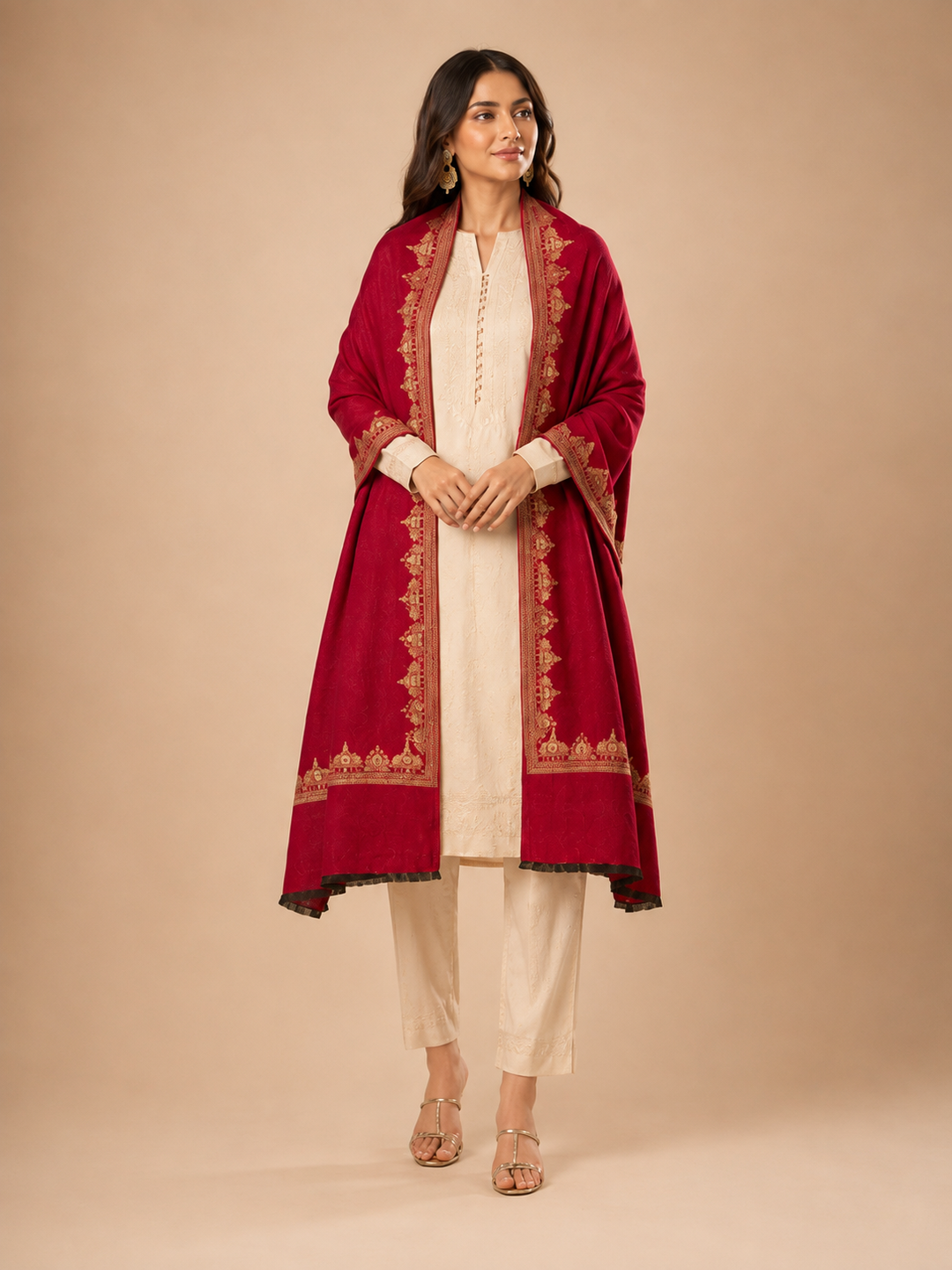 Reversible Gold Red Zari Cashmere Shawl with Ram Mandir