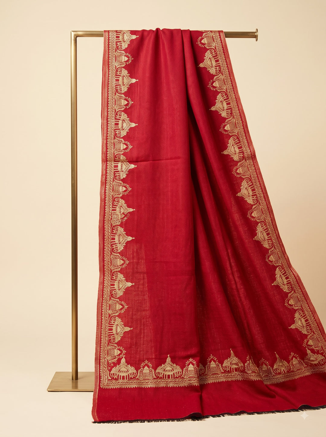 Reversible Gold Red Zari Cashmere Shawl with Ram Mandir