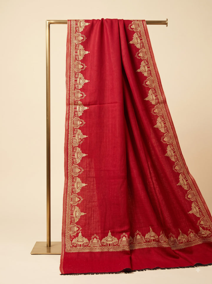 Reversible Gold Red Zari Cashmere Shawl with Ram Mandir