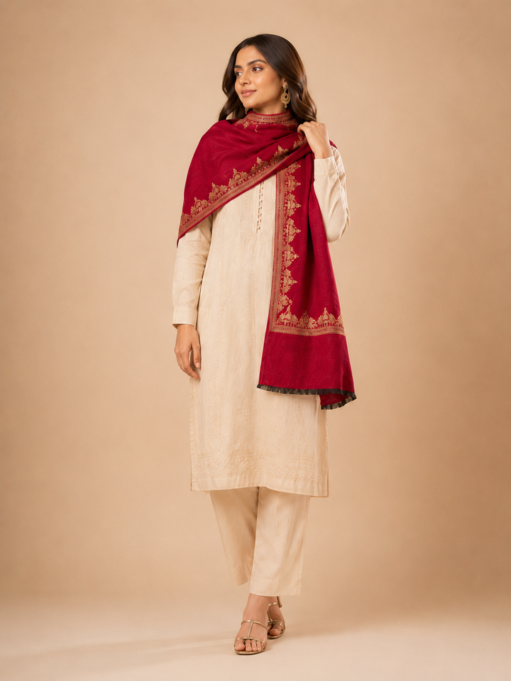 Reversible Gold Red Zari Cashmere Shawl with Ram Mandir