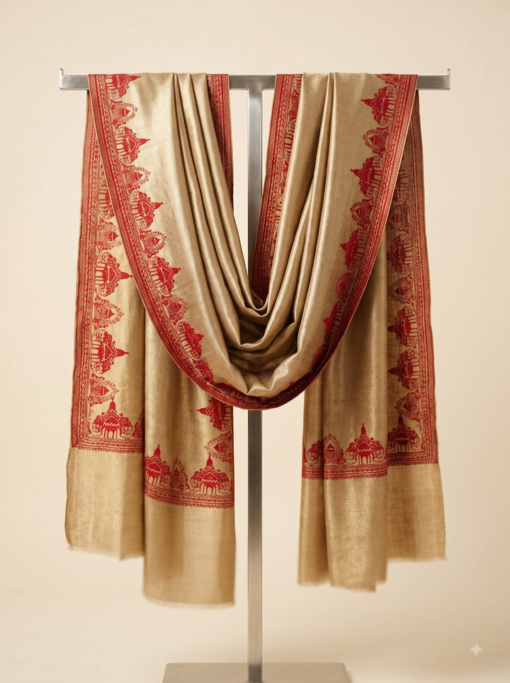 Reversible Gold Red Zari Cashmere Shawl with Ram Mandir