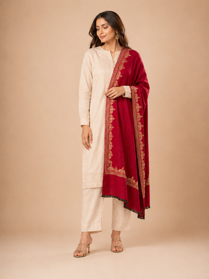 Reversible Gold Red Zari Cashmere Shawl with Ram Mandir