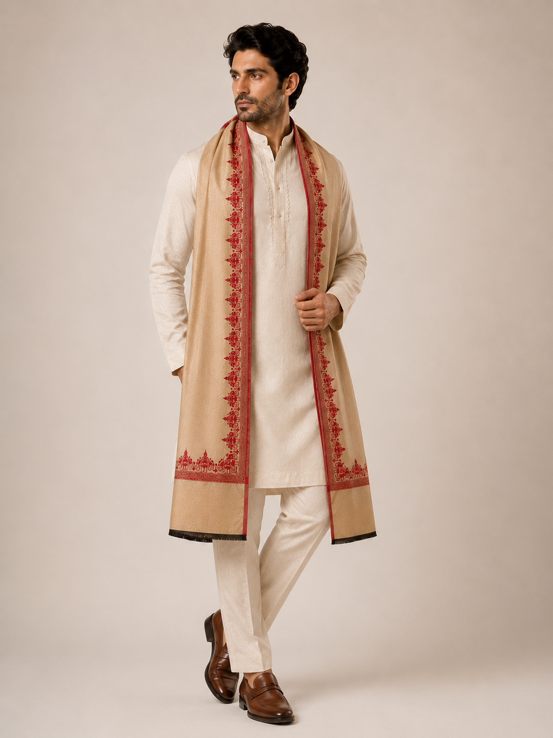 Reversible Gold Red Zari Cashmere Shawl with Ram Mandir
