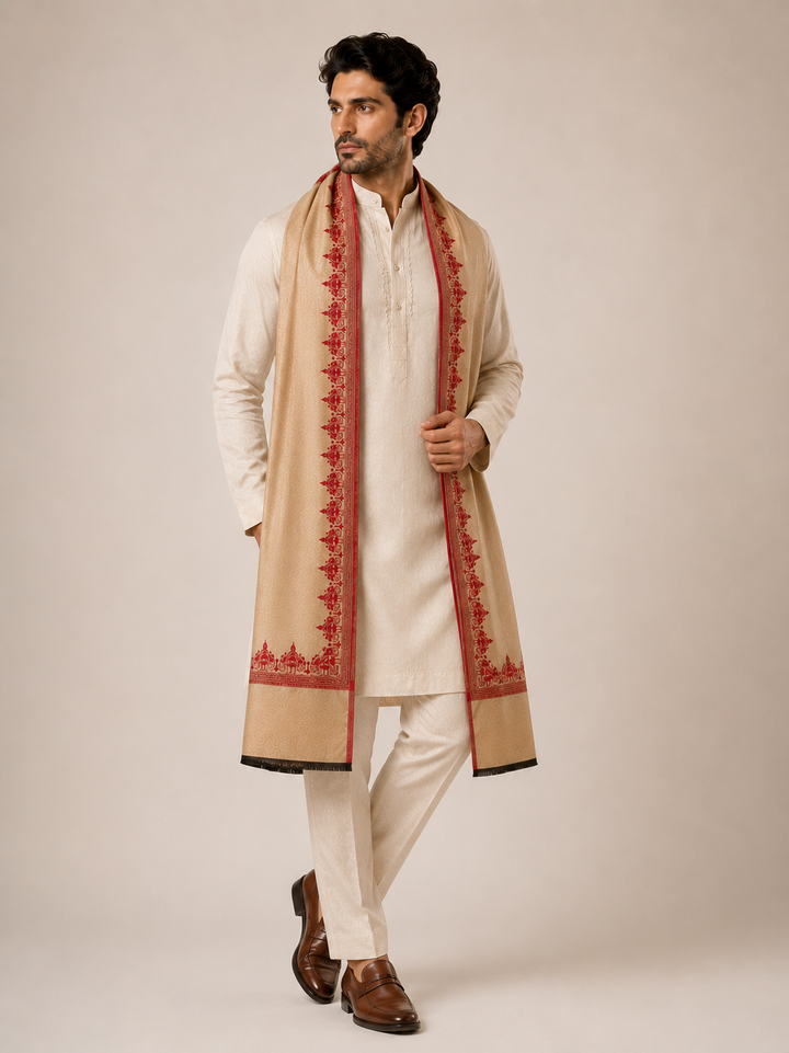 Reversible Gold Red Zari Cashmere Shawl with Ram Mandir