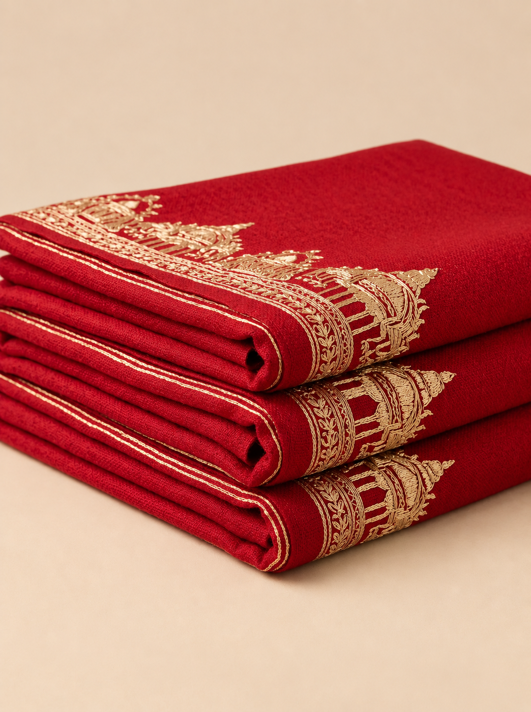 Reversible Gold Red Zari Cashmere Shawl with Ram Mandir