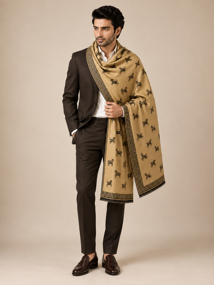 Reversible Black Gold Zari Fine Wool Stole with Horse Motif