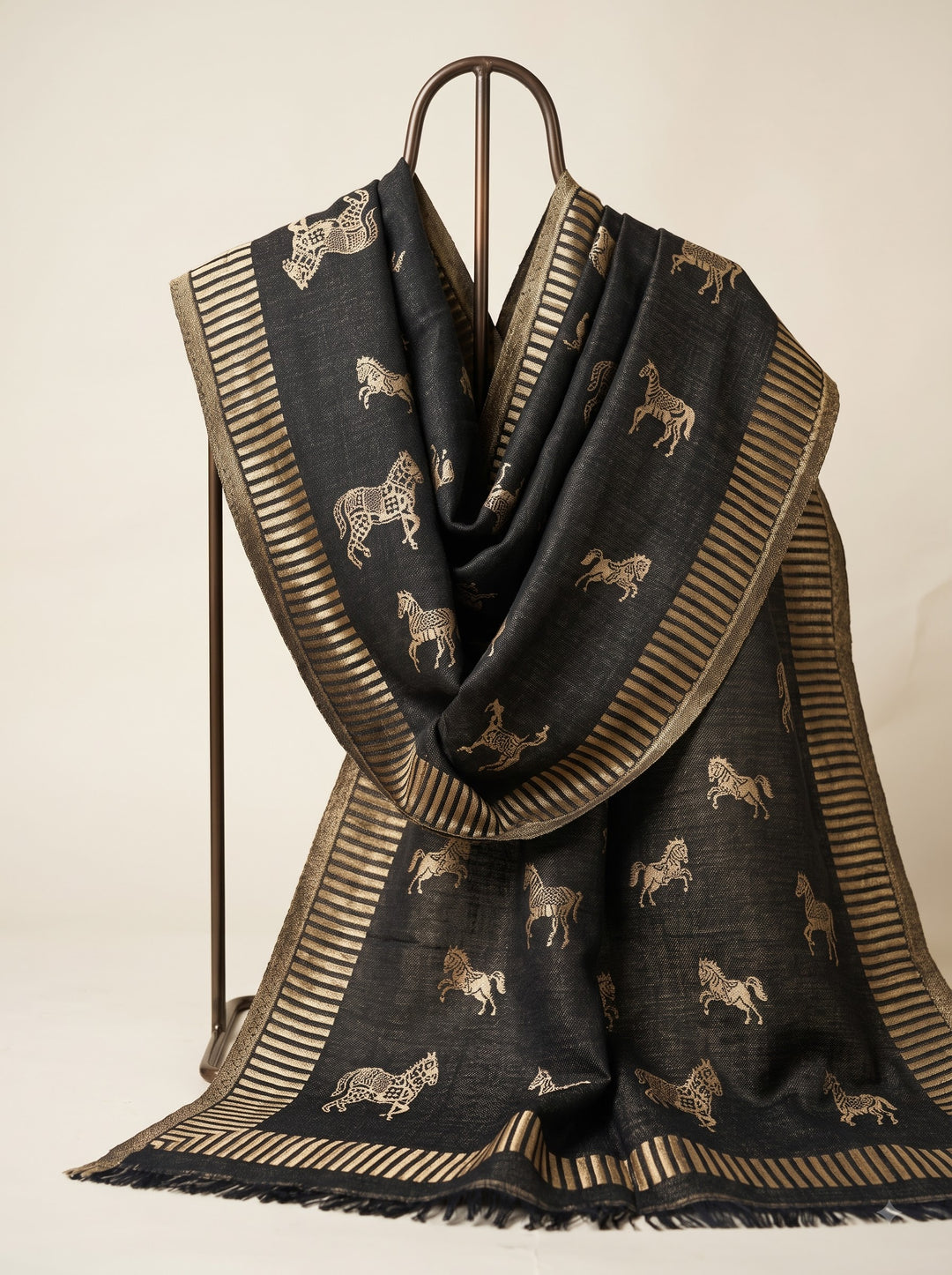 Reversible Black Gold Zari Fine Wool Stole with Horse Motif