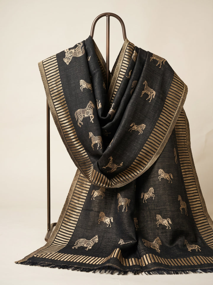 Reversible Black Gold Zari Fine Wool Stole with Horse Motif